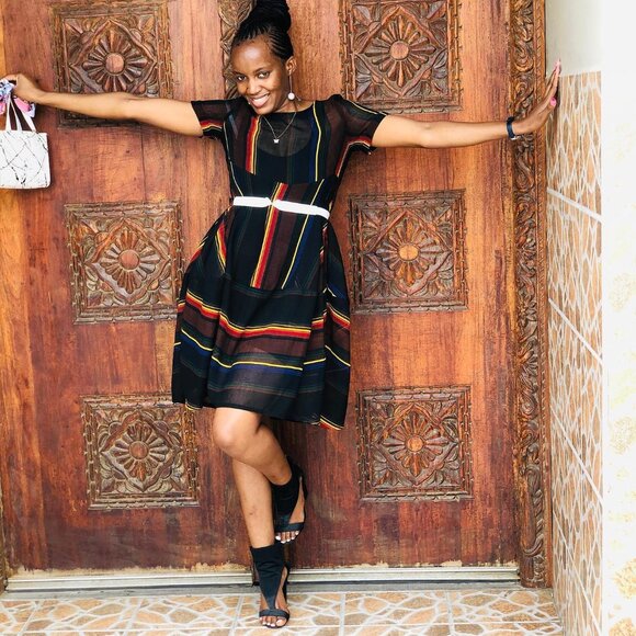 Jian Ruyi Black Sheer Flowy Striped Boho Colorful Cover Up Dress Women's 4XL - Picture 1 of 16